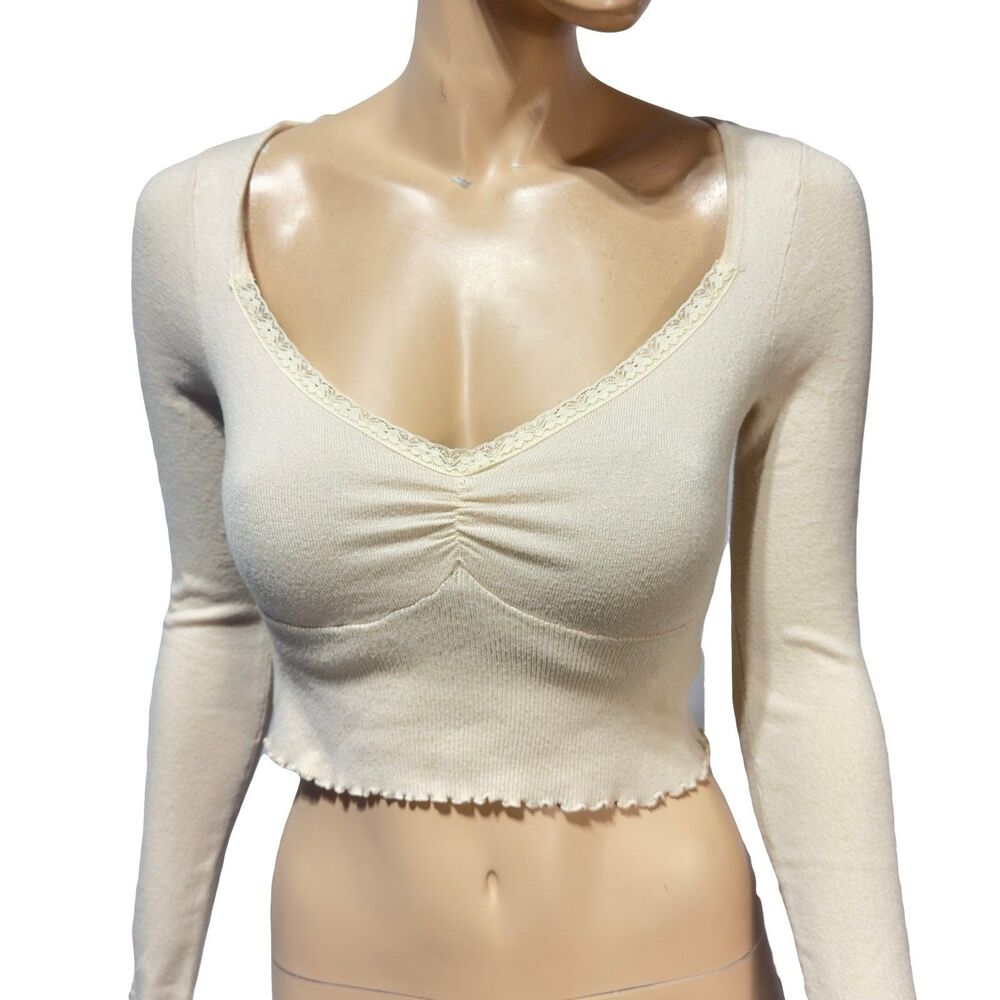 PacSun L .A. Hearts Beige Knit Crop Top Size S Lace Trim V-Neckline Stretch